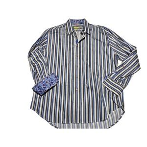 Robert‎ Graham Blue Brown Stripe Button Up Shirt Men's XL Statement